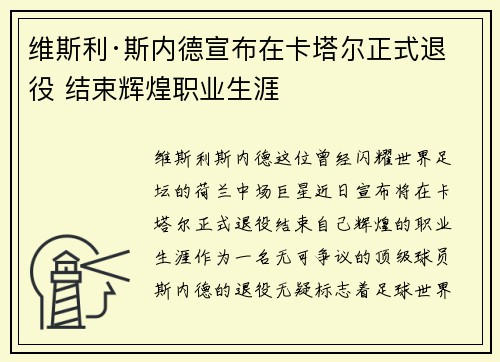 维斯利·斯内德宣布在卡塔尔正式退役 结束辉煌职业生涯 维斯利·斯内德宣布在卡塔尔正式退役 结束辉煌职业生涯
