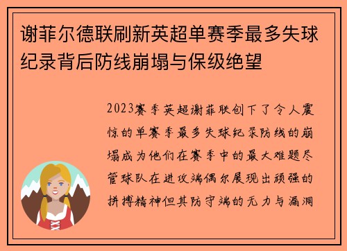 谢菲尔德联刷新英超单赛季最多失球纪录背后防线崩塌与保级绝望 谢菲尔德联刷新英超单赛季最多失球纪录背后防线崩塌与保级绝望